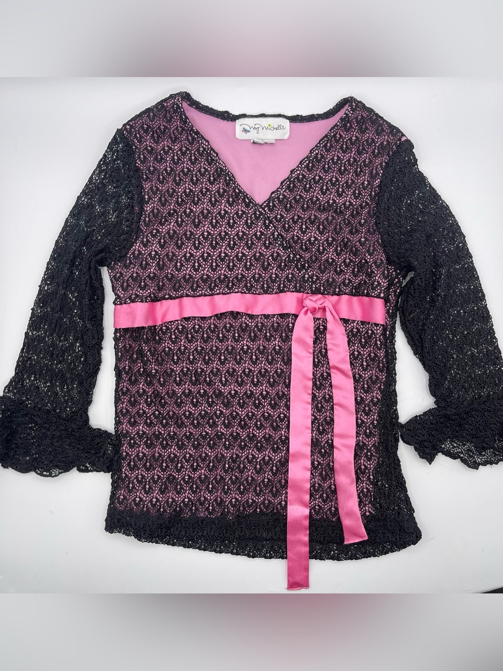 Y2K Girls My Michelle black pink lace babydoll top flare sleeve size Large 10-12